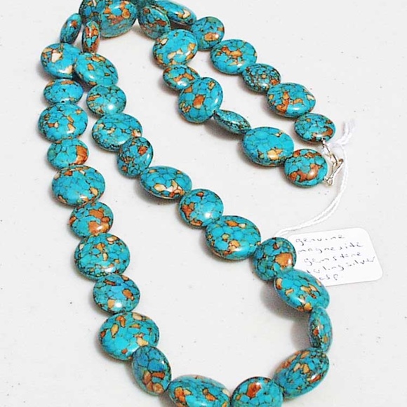 NECKLACE, MOSAIC MAGNESITE GEMSTONE, TAG ON, 20 INCHES LONG, BLUE/TAN/GREEN/BEIG - Picture 2 of 2
